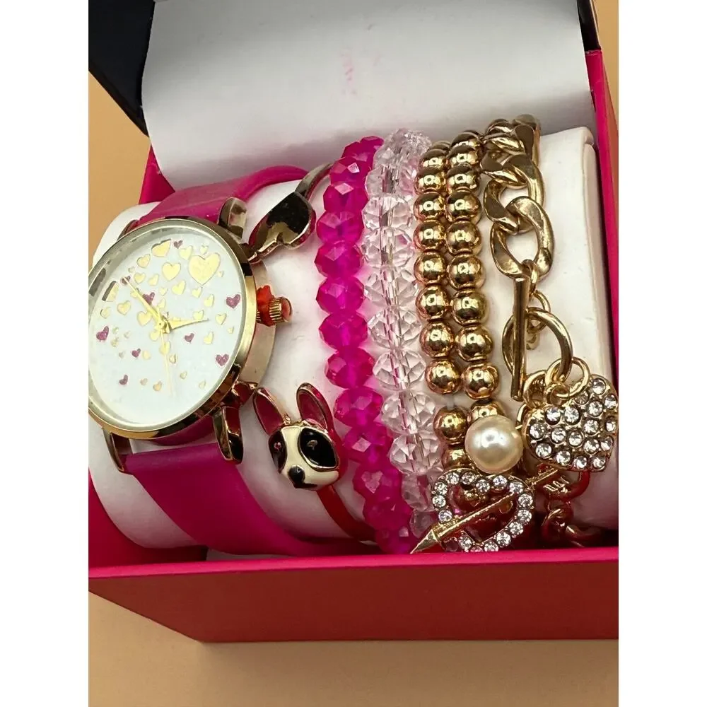 💖⌚ Jessica Carlyle Watch & Bracelet Set Pink Hearts Gift Box NEW